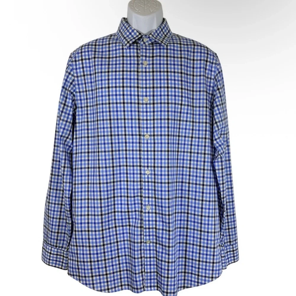 Banana Republic Grant Fit Blue Plaid Button Down SzL Non Iron Cotton Stretch